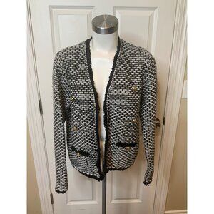 Tahari Black & White Woven Knit Jacket W/ Loop Trim, Size L